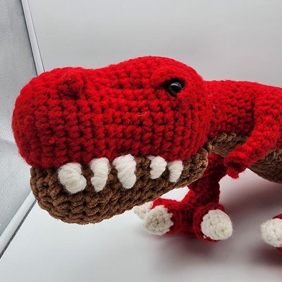 Handmade Crochet Red T-Rex Jumbo Dinosaur Plush 24" Large Stuffed Animal - Picture 2 of 16